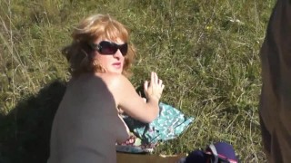 On wild beach pervert saw beautiful sexy blonde sunbathing naked. Cock masturbation and cumshot. POV