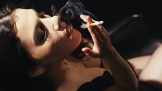 Valentina Nappi Smoking Cigarette - Sexy Italian Girl with Red Lipstick Prepares for Blowjob